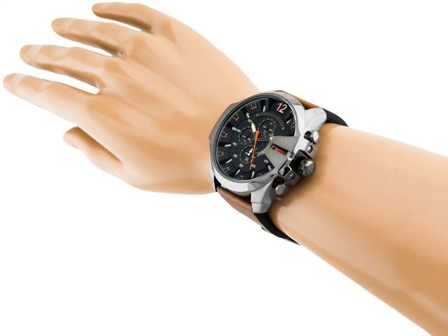 Diesel Mega Chief Chronograph Black Dial Brown Leather Strap Watch For Men - DZ4343