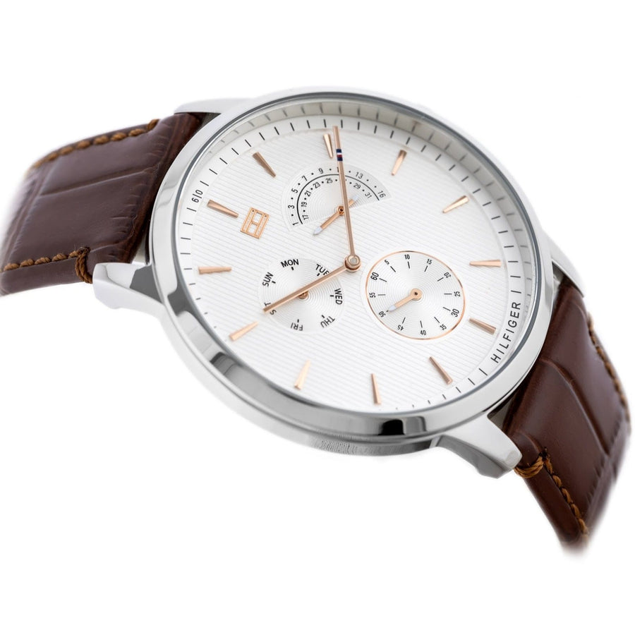 Tommy Hilfiger Brad Chronograph White Dial Brown Leather Strap Watch For Men - 1710389