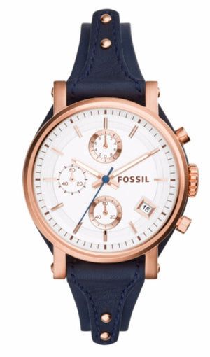 Fossil Original Boyfriend Chronograph White Dial Navy Blue Leather Strap Watch for Women - ES3838