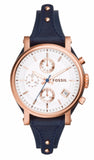 Fossil Original Boyfriend Chronograph White Dial Navy Blue Leather Strap Watch for Women - ES3838