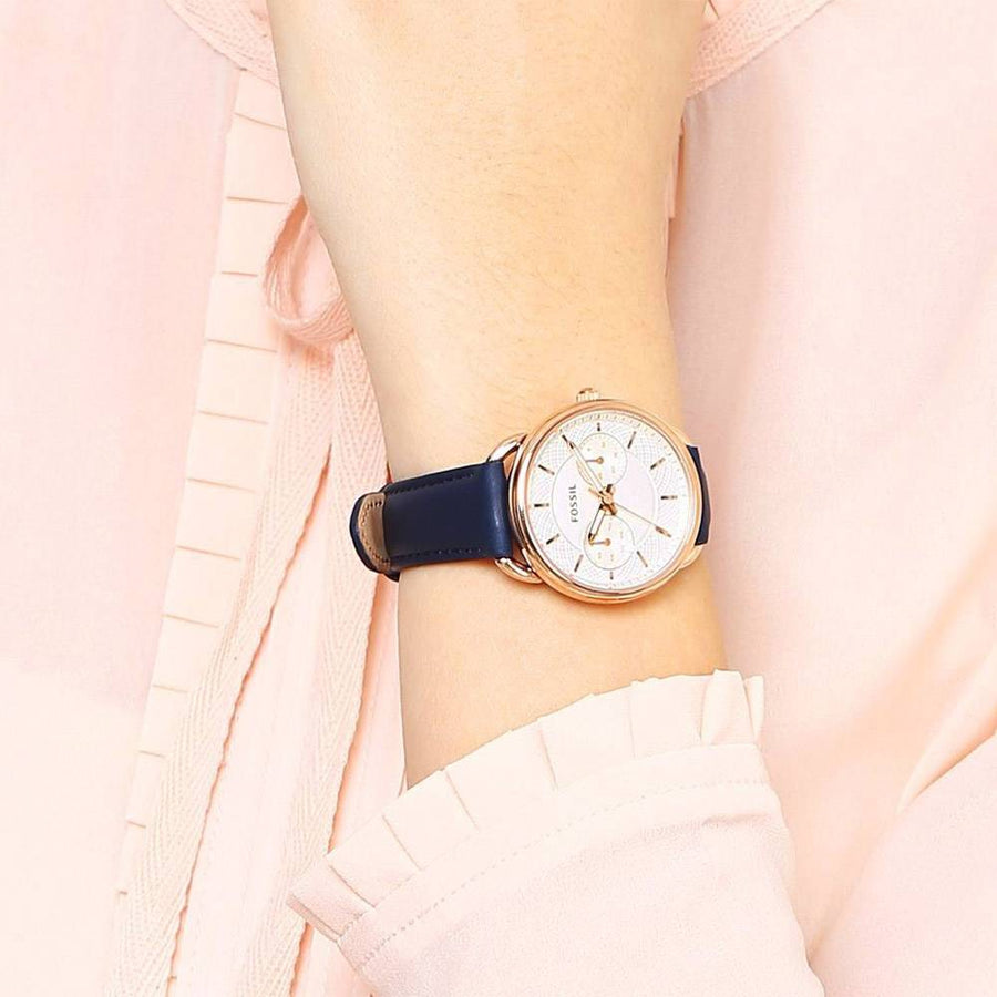 Fossil Tailor White Dial Blue Leather Strap Watch for Women - ES4260