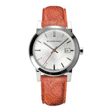 Burberry The City Silver Dial Orange Leather Strap Watch for Women - BU9121