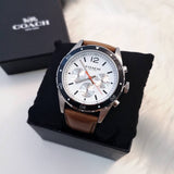 Coach Sullivan Chronograph White Dial Brown Leather Strap Watch for Men - 14602057