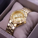 Guess Dazzling Diamonds Gold Dial Gold Steel Strap Watch for Women - W85110L1