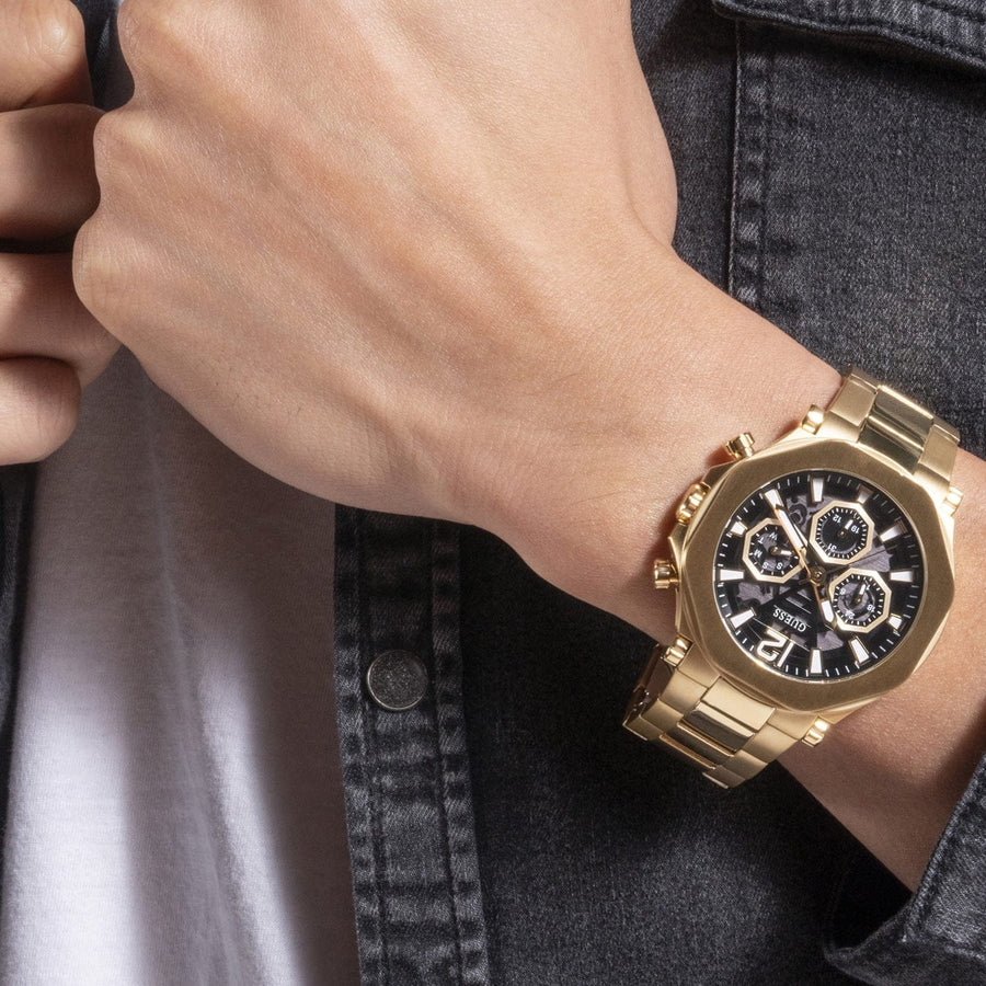 Guess Edge Chronograph Black Dial Gold Steel Strap Watch For Men - GW0539G2