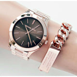 Michael Kors Slim Runway Brown Dial Rose Gold Stainless Steel Strap Watch for Women - MK3181