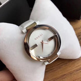 Gucci Interlocking 18K Gold Silver Dial White Leather Strap Watch For Women - YA133303