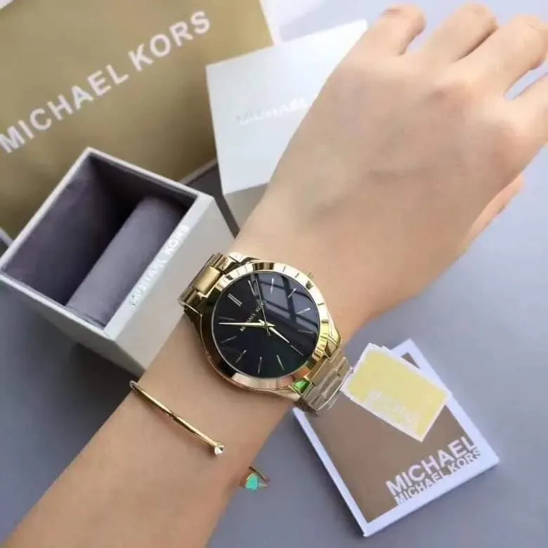 Michael Kors Runway Black Dial Gold Steel Strap Watch for Women - MK3478