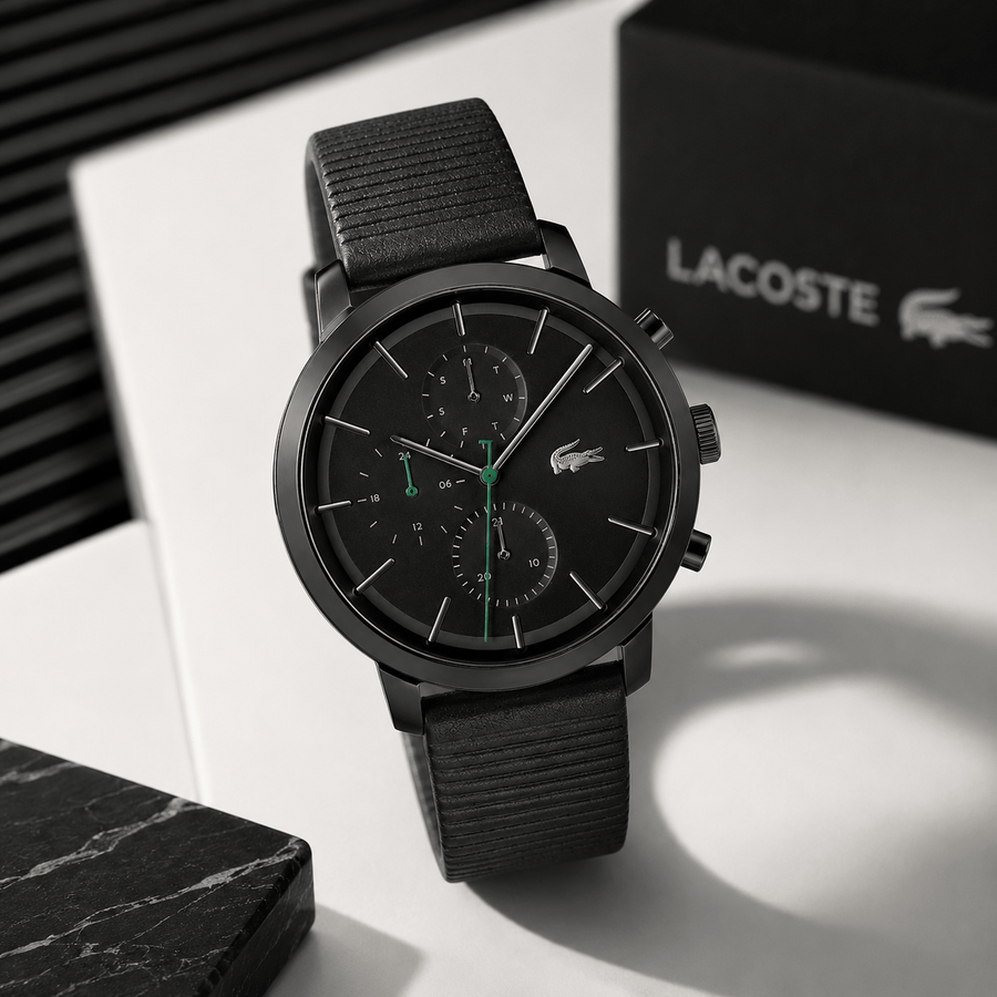 Lacoste Replay Chronograph Black Dial Black Leather Strap Watch for Men - 2011177