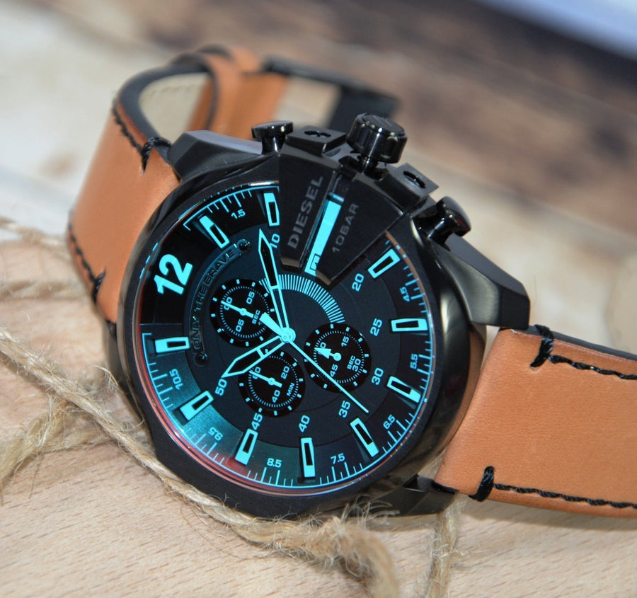 Diesel Mega Chief Chronograph Copper Dial Brown Leather Strap Watch For Men - DZ4476