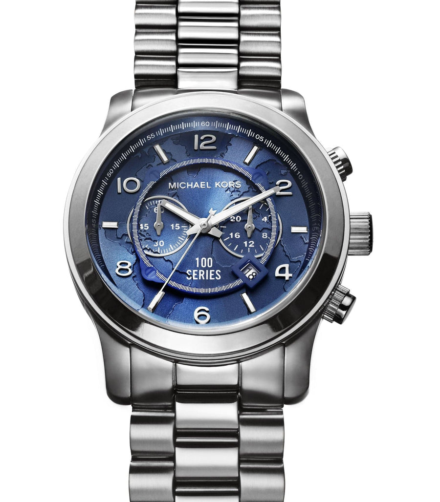 Michael Kors Stop Hunger Chronograph Blue Dial Silver Steel Strap Watch for Men - MK8314
