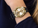 Guess Cosmo Diamonds Gold Dial Black Rubber Strap Watch for Women - GW0034L1