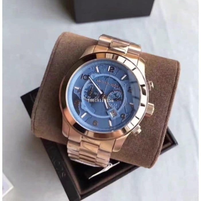 Michael Kors Runway Stop Hunger Quartz Blue Dial Rose Gold Steel Strap Watch For Men - MK8358