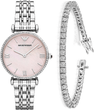 Emporio Armani Gianni T Bar Pink Mother of Pearl Dial Silver Steel Strap Watch For Women - AR1779