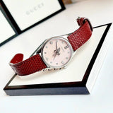 Gucci G Timeless Quartz Diamonds Pink Dial Red Leather Strap Watch For Women - YA1265017