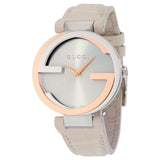 Gucci Interlocking 18K Gold Silver Dial White Leather Strap Watch For Women - YA133303