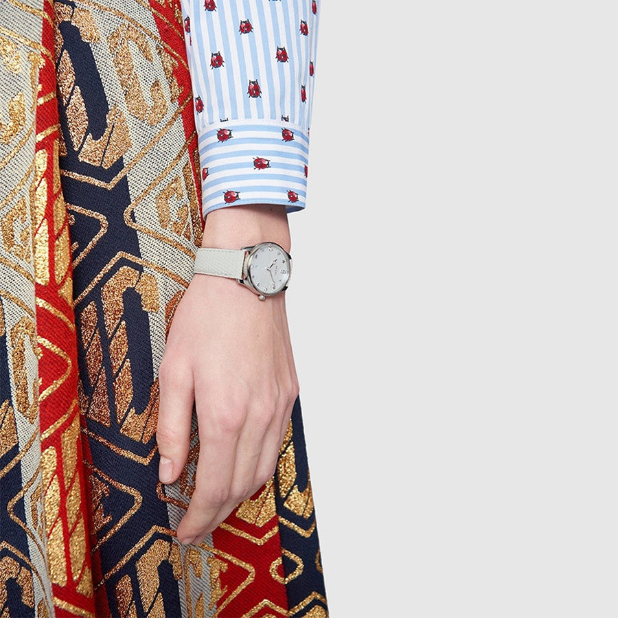 Gucci G-Timeless Mother of Pearl White Dial White Leather Strap Watch For Women - YA126597