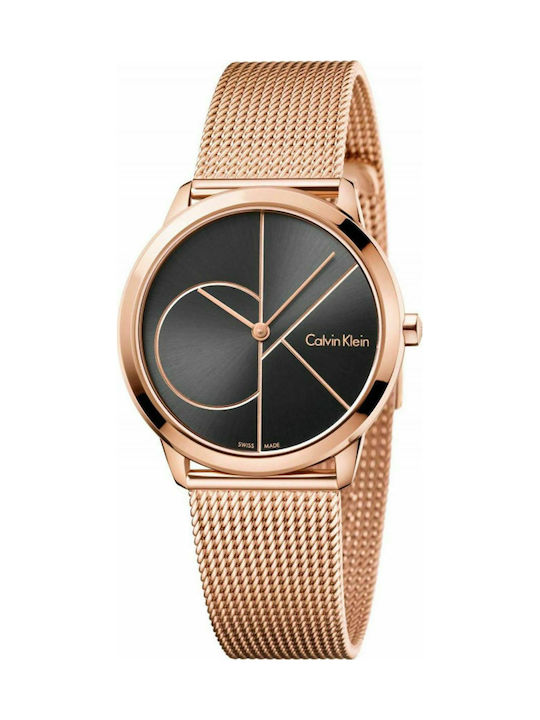 Calvin Klein Minimal Black Dial Rose Gold Mesh Bracelet Watch for Men - K3M21621