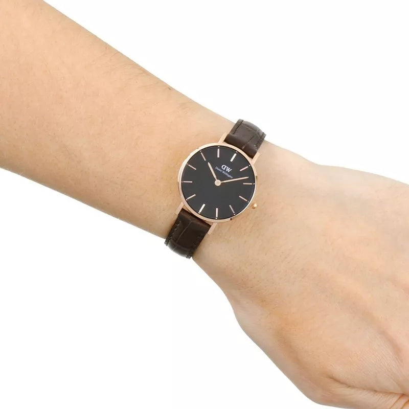 Daniel Wellington Classic Petite York Black Dial Brown Leather Strap Watch For Women - DW00100226