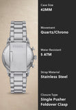 Fossil stainless steel watch, 42mm, Quartz/Chrono, 5 ATM water resistant