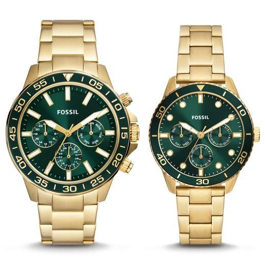 Fossil Bannon Multifunction Chronograph Green Dial Gold Steel Strap Watch for Men - BQ2493