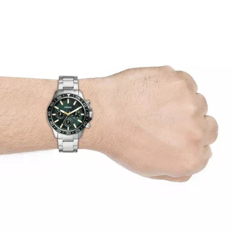 Fossil Bannon Chronograph Green Dial Silver Steel Strap Watch for Men - BQ2492