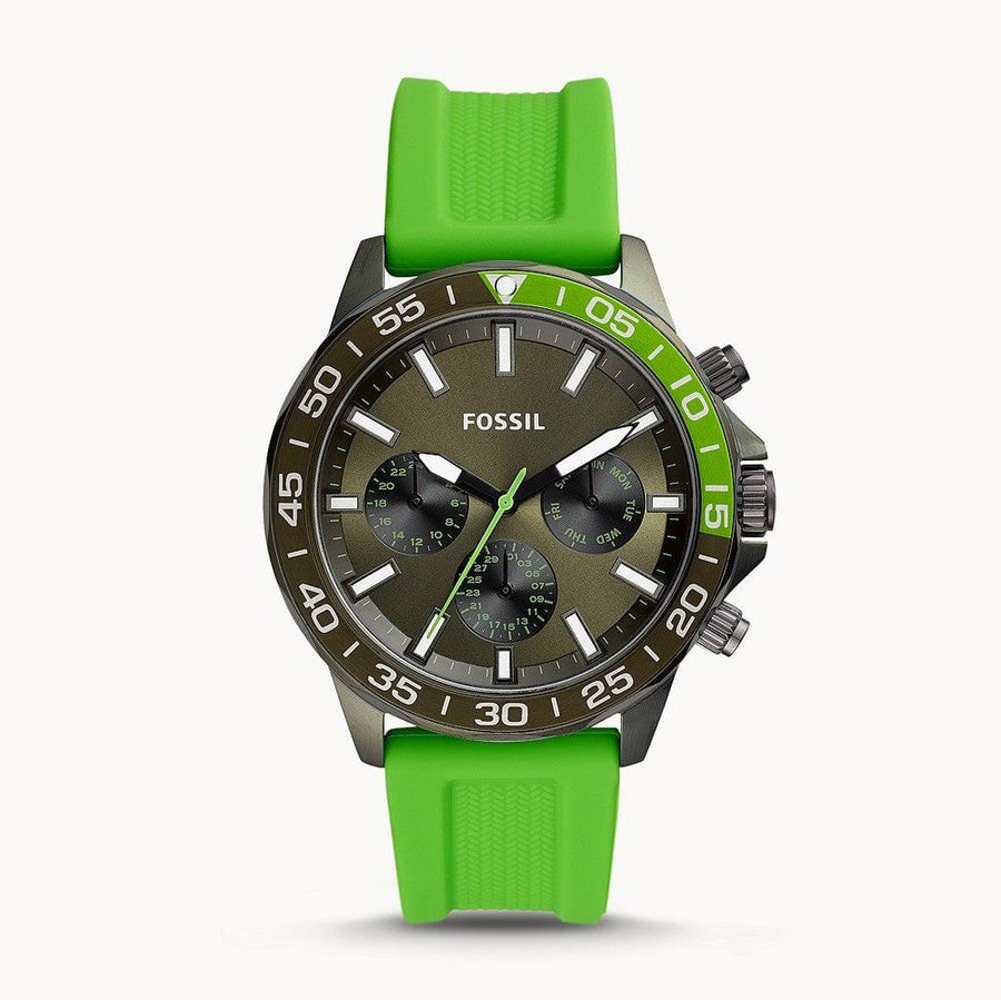Fossil Bannon Chronograph Grey Dial Green Silicone Strap Watch for Men - BQ2501
