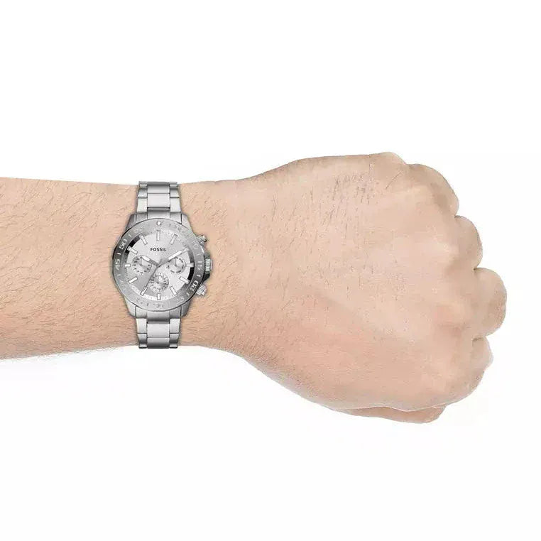 Fossil Bannon Multifunction Chronograph Silver Dial Silver Steel Strap Watch for Men - BQ2490