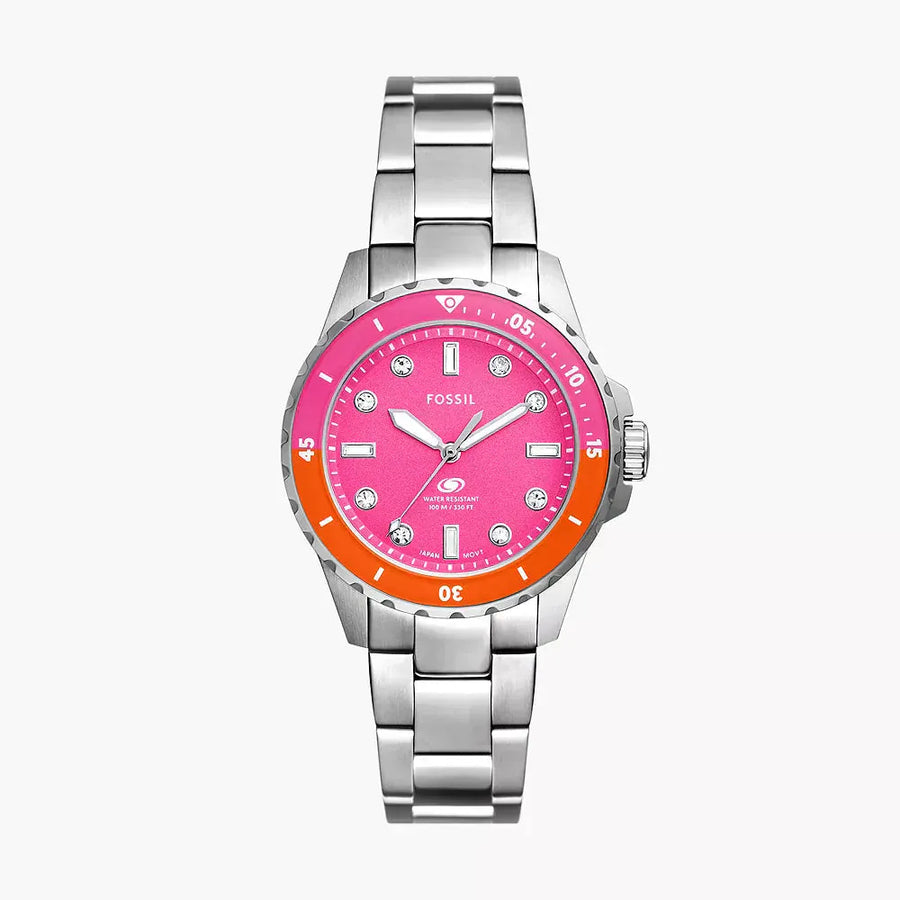 Fossil Blue Dive Analog Pink Dial Silver Steel Strap Watch For Women - ES5351