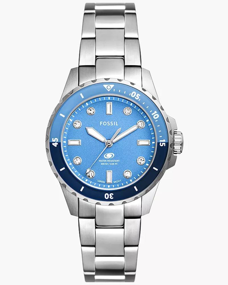 Fossil Blue Dive Three Hand Blue Dial Silver Steel Strap Watch For Women - ES5353