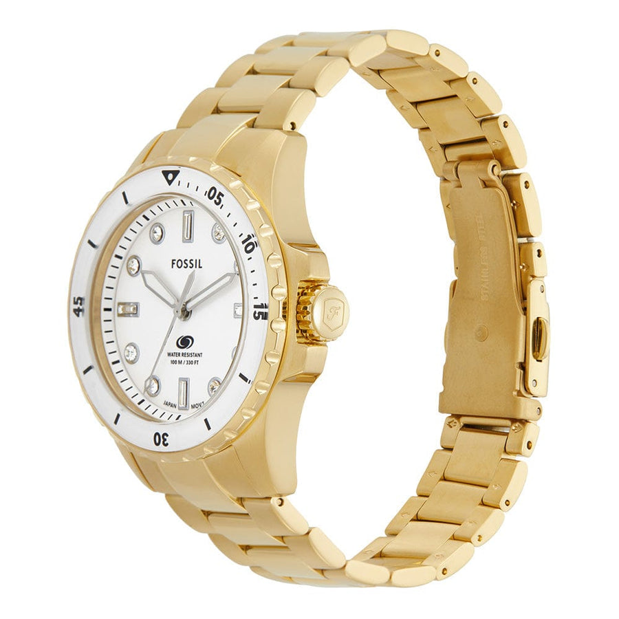 Fossil Blue Dive Three Hand White Dial Gold Steel Strap Watch For Women - ES5350