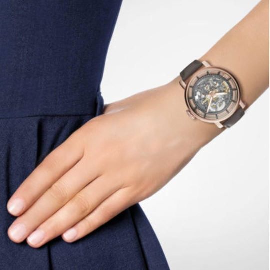 Fossil Boyfriend Automatic Skeleton Grey Dial Grey Leather Strap Watch for Women - ME3089