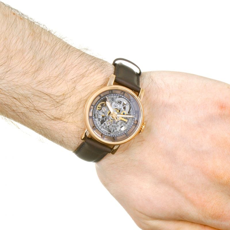 Fossil Boyfriend Automatic Skeleton Grey Dial Grey Leather Strap Watch for Women - ME3089