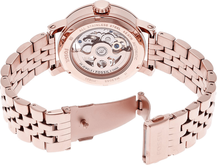Fossil Boyfriend Automatic Skeleton Rose Gold Dial Rose Gold Steel Strap Watch for Women - ME3065