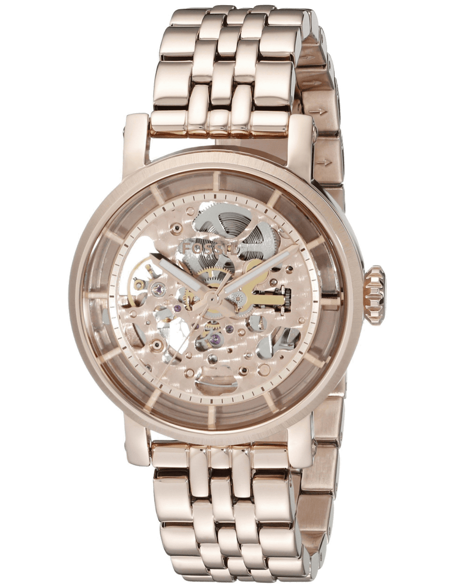 Fossil Boyfriend Automatic Skeleton Rose Gold Dial Rose Gold Steel Strap Watch for Women - ME3065