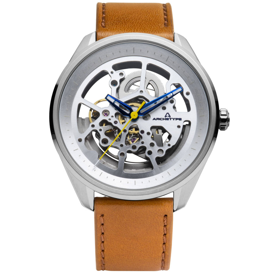 Fossil Boyfriend Automatic Skeleton Silver Dial Brown Leather Strap Watch for Women - ME3109