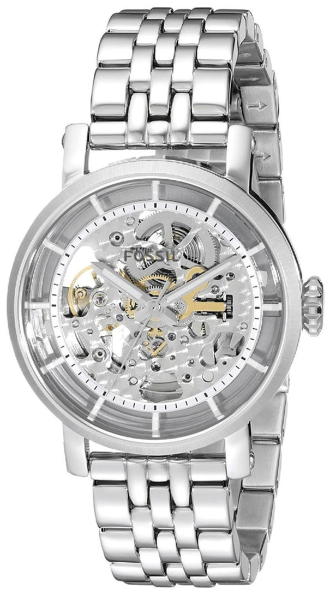Fossil Boyfriend Automatic Skeleton Silver Dial Silver Steel Strap Watch for Women - ME3067