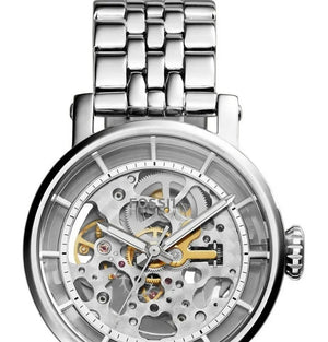 Fossil Boyfriend Automatic Skeleton Silver Dial Silver Steel Strap Watch for Women - ME3067