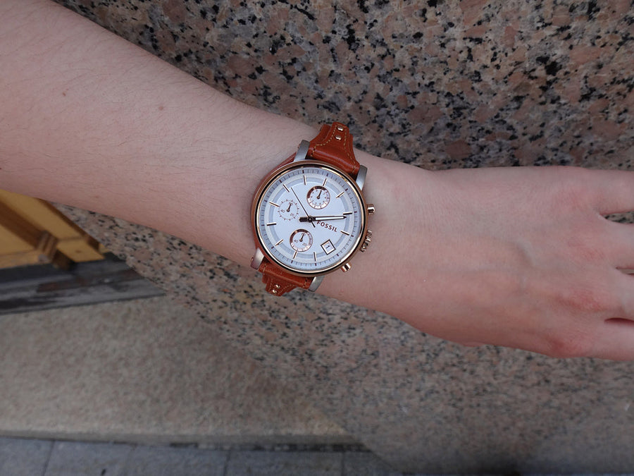 Fossil Boyfriend Chronograph White Dial Brown Leather Strap Watch for Women - ES3837
