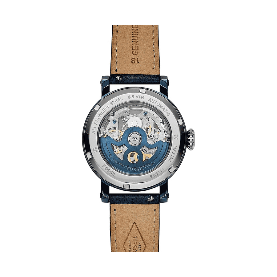 Fossil Boyfriend Skeleton Blue Dial Blue Leather Strap Watch for Women - ME3136