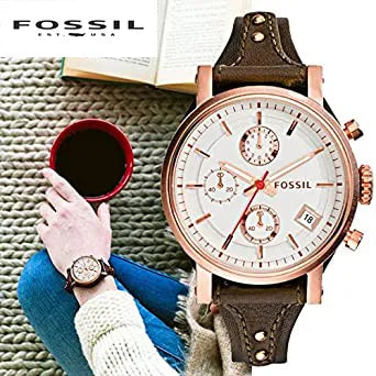 Fossil Boyfriend White Dial Brown Leather Strap Watch for Women - ES3616