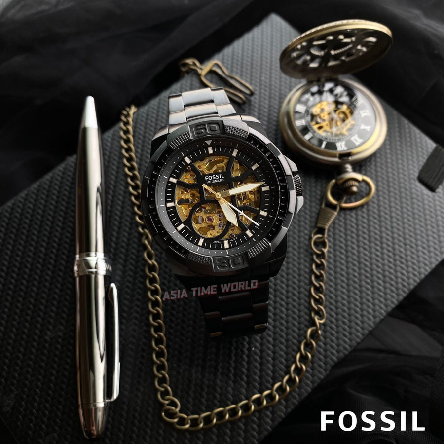 Fossil Bronson Automatic Skeleton Black Dial Black Steel Strap Watch for Men - ME3217