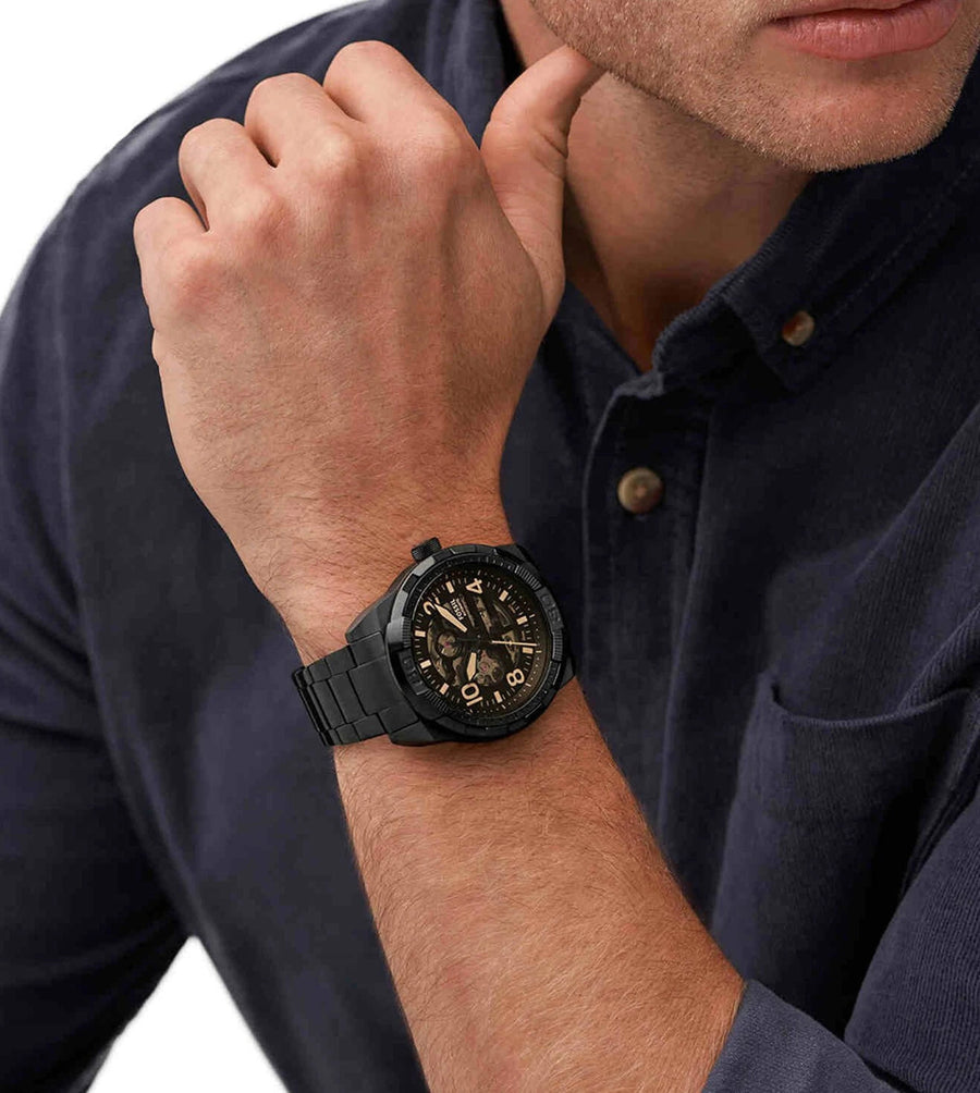 Fossil Bronson Automatic Skeleton Black Dial Black Steel Strap Watch for Men - ME3256