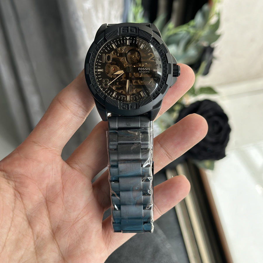 Fossil Bronson Automatic Skeleton Black Dial Grey Steel Strap Watch for Men - ME3255
