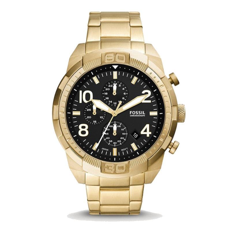 Fossil Bronson Chronograph Black Dial Gold Steel Strap Watch for Men - FS5877