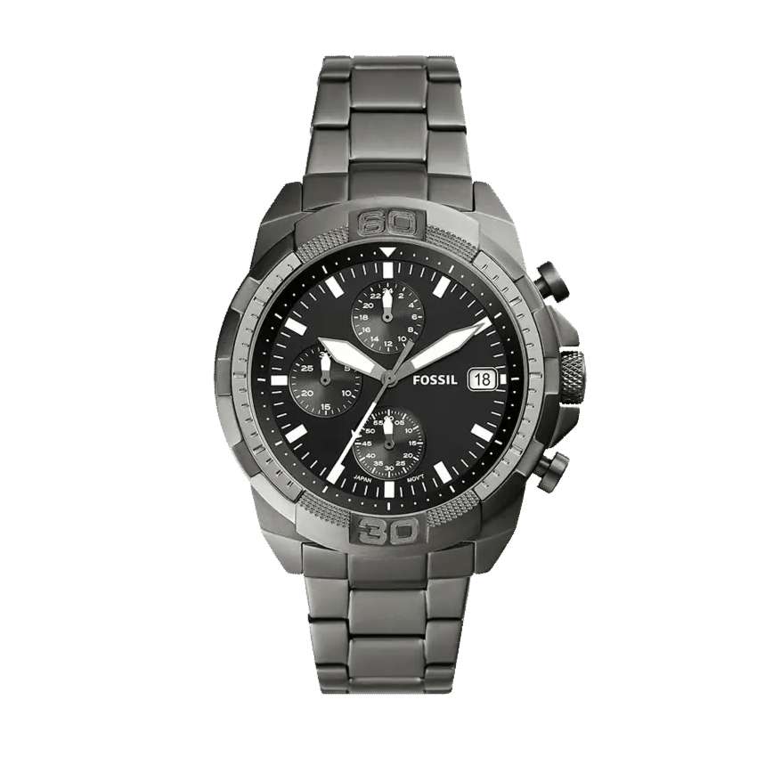 Fossil Bronson Chronograph Black Dial Grey Steel Strap Watch for Men - FS5852