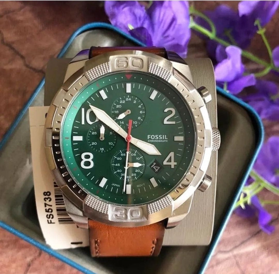 Fossil Bronson Chronograph Green Dial Brown Leather Strap Watch for Men - FS5738