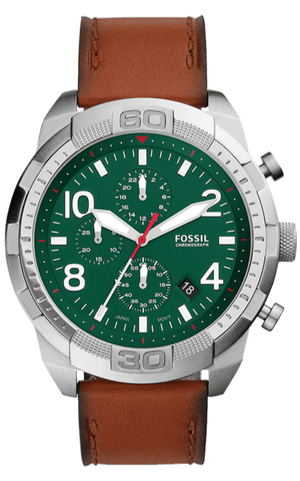 Fossil Bronson Chronograph Green Dial Brown Leather Strap Watch for Men - FS5738