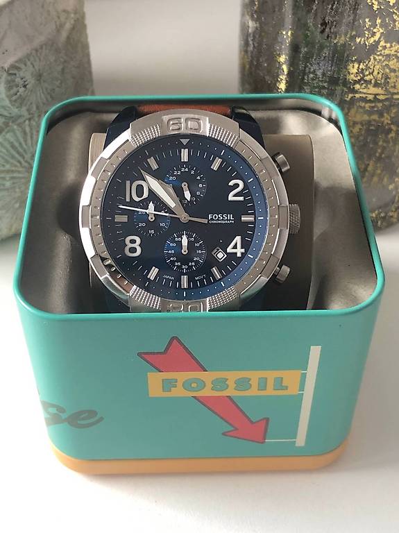 Fossil Bronson Chronograph Luggage Blue Dial Brown Leather Strap Watch for Men - FS5829