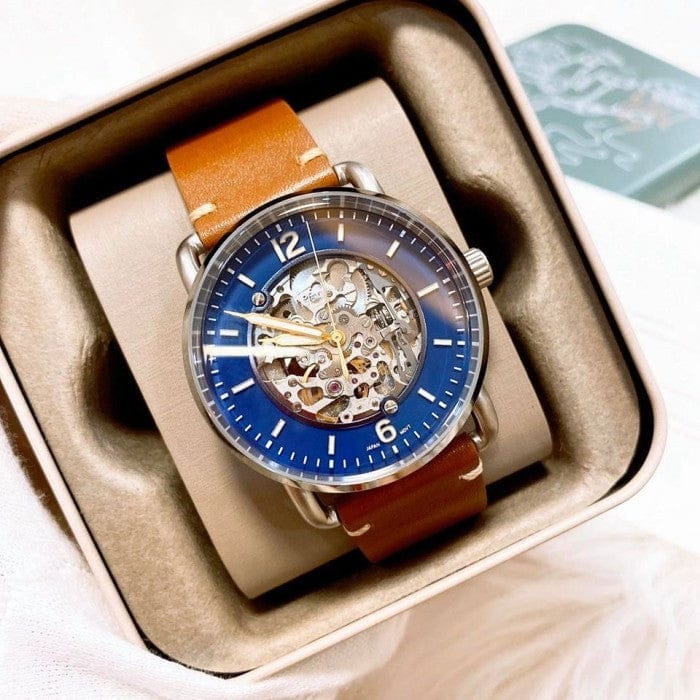 Fossil Commuter Automatic Skeleton Blue Dial Brown Leather Strap Watch for Men - ME3159